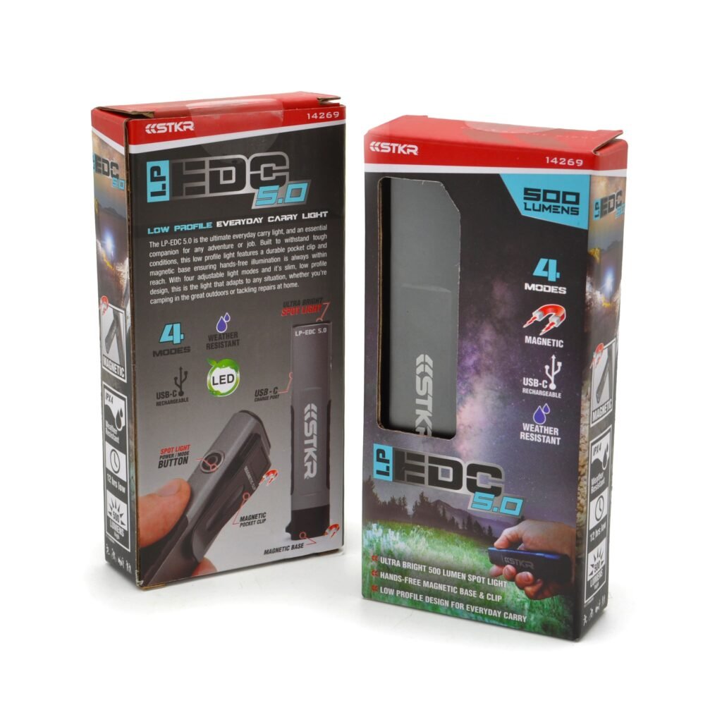 2 LP-EDC 5.0 Low Profile Thin Flashlights in their packaging posing front and back